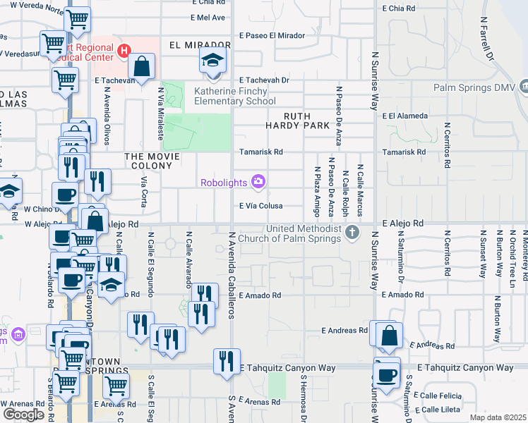 map of restaurants, bars, coffee shops, grocery stores, and more near 535 North Arquilla Road in Palm Springs