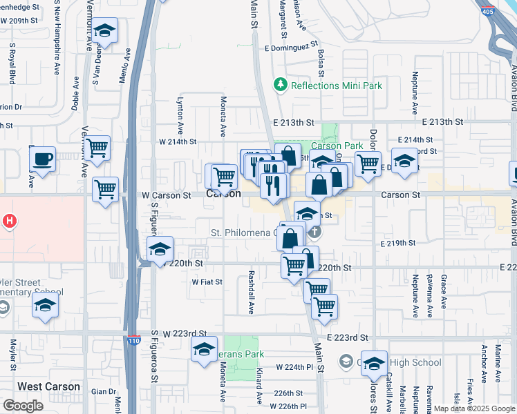 map of restaurants, bars, coffee shops, grocery stores, and more near 150 West Carson Street in Carson