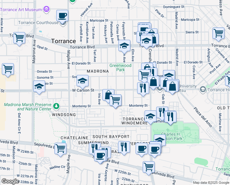 map of restaurants, bars, coffee shops, grocery stores, and more near 2704 West Carson Street in Torrance