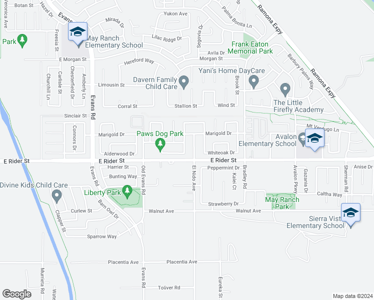map of restaurants, bars, coffee shops, grocery stores, and more near 3227 Saguaro Lane in Perris