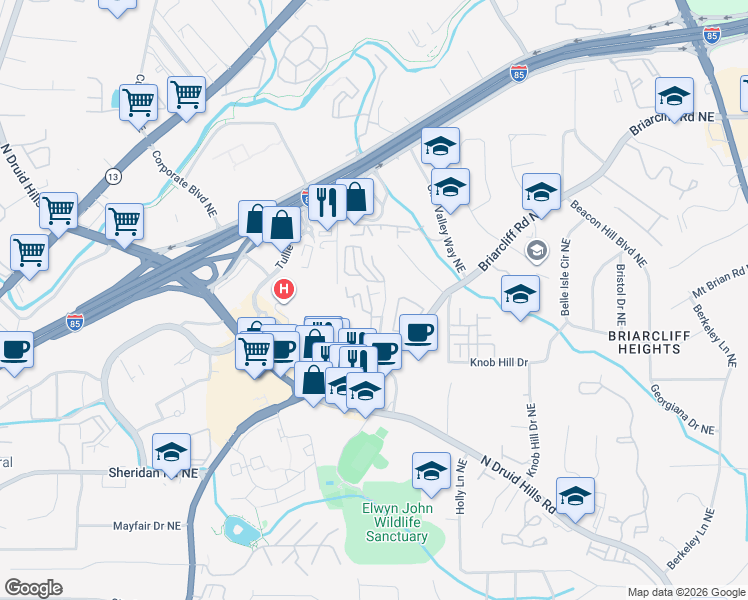 map of restaurants, bars, coffee shops, grocery stores, and more near 1647 Executive Park Lane Northeast in Atlanta