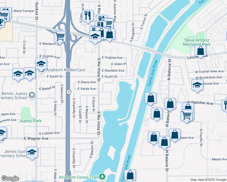 map of restaurants, bars, coffee shops, grocery stores, and more near 806 South Cinda Street in Anaheim