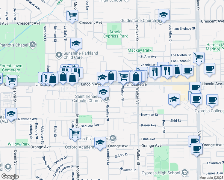 map of restaurants, bars, coffee shops, grocery stores, and more near 5271 Bishop Street in Cypress