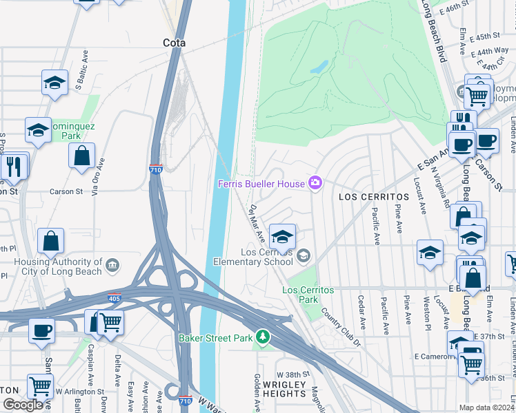 map of restaurants, bars, coffee shops, grocery stores, and more near 4082 Del Mar Avenue in Long Beach