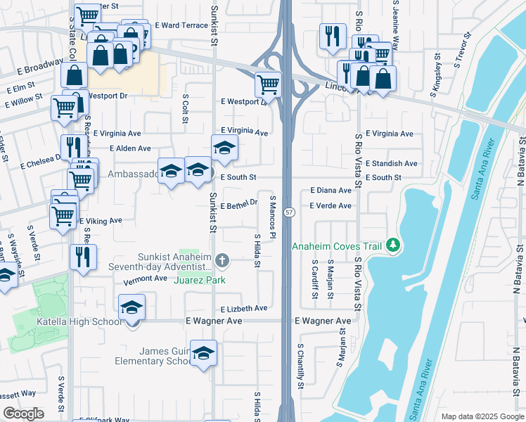 map of restaurants, bars, coffee shops, grocery stores, and more near 814 South Hilda Street in Anaheim