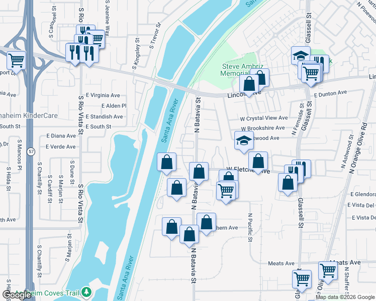 map of restaurants, bars, coffee shops, grocery stores, and more near 940 West Rainbow Falls Way in Orange