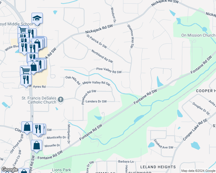 map of restaurants, bars, coffee shops, grocery stores, and more near 5211 Maple Valley Road Southwest in Mableton