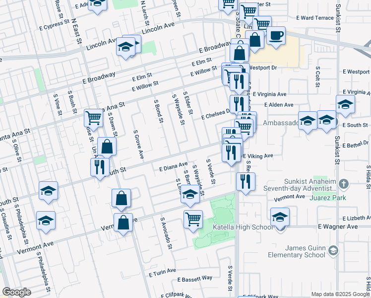 map of restaurants, bars, coffee shops, grocery stores, and more near 1525 East South Street in Anaheim