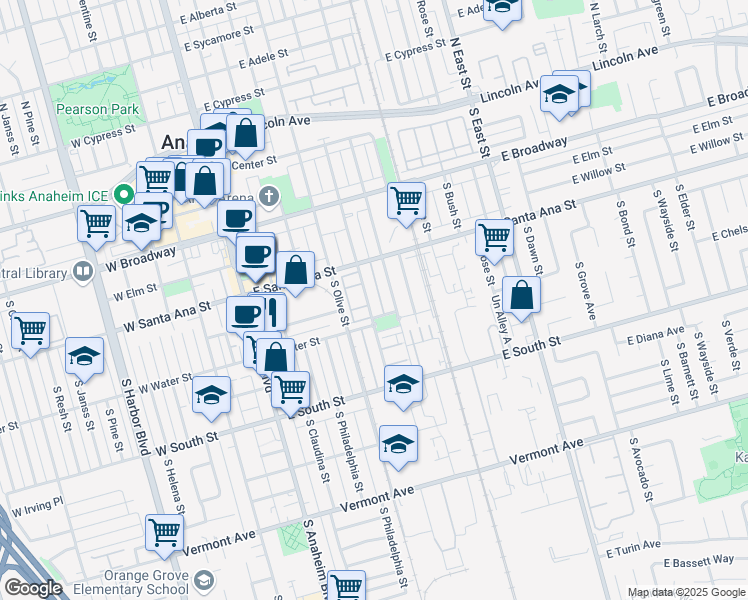 map of restaurants, bars, coffee shops, grocery stores, and more near 572 South Melrose Street in Anaheim
