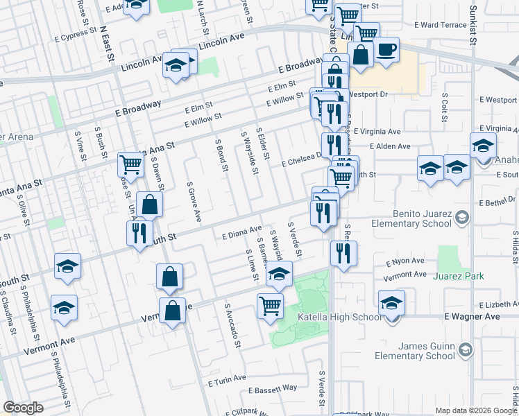 map of restaurants, bars, coffee shops, grocery stores, and more near 1525 East South Street in Anaheim