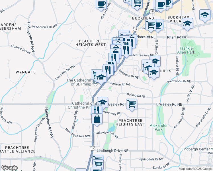 map of restaurants, bars, coffee shops, grocery stores, and more near 2795 Peachtree Road Northeast in Atlanta
