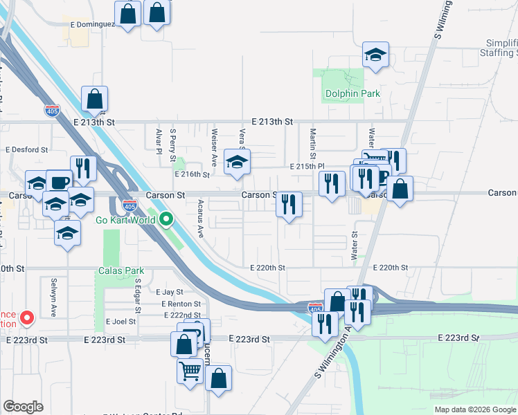 map of restaurants, bars, coffee shops, grocery stores, and more near 1502 East Carson Street in Carson