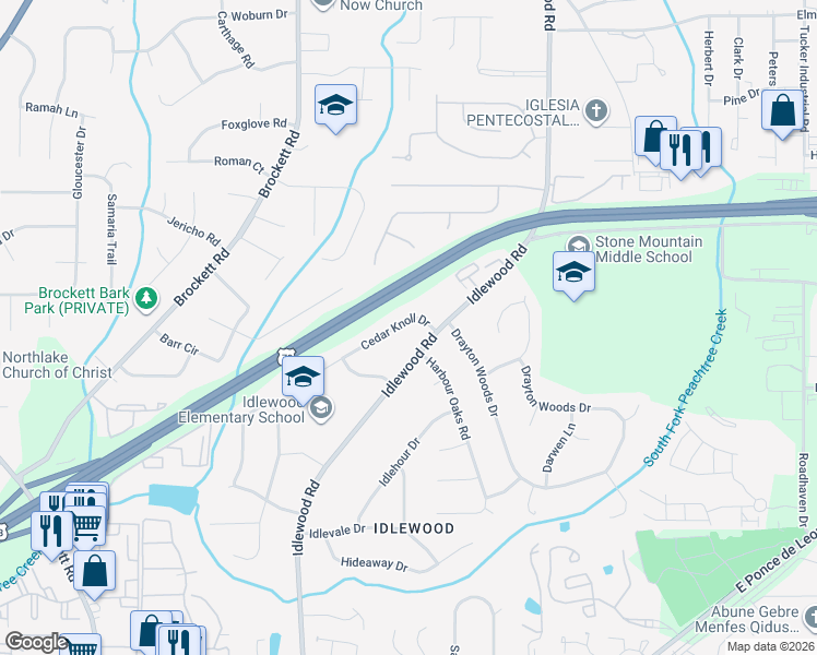 map of restaurants, bars, coffee shops, grocery stores, and more near 4159 Cedar Knoll Drive in Tucker