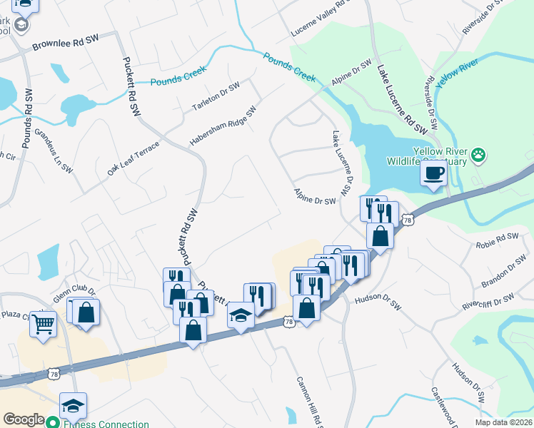 map of restaurants, bars, coffee shops, grocery stores, and more near 4887 Rock Haven Dr SW in Lilburn
