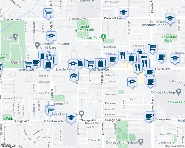 map of restaurants, bars, coffee shops, grocery stores, and more near 5385 Bishop Street in Cypress