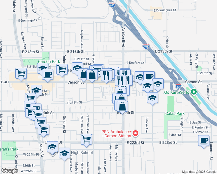map of restaurants, bars, coffee shops, grocery stores, and more near 664 Colorado Circle in Carson