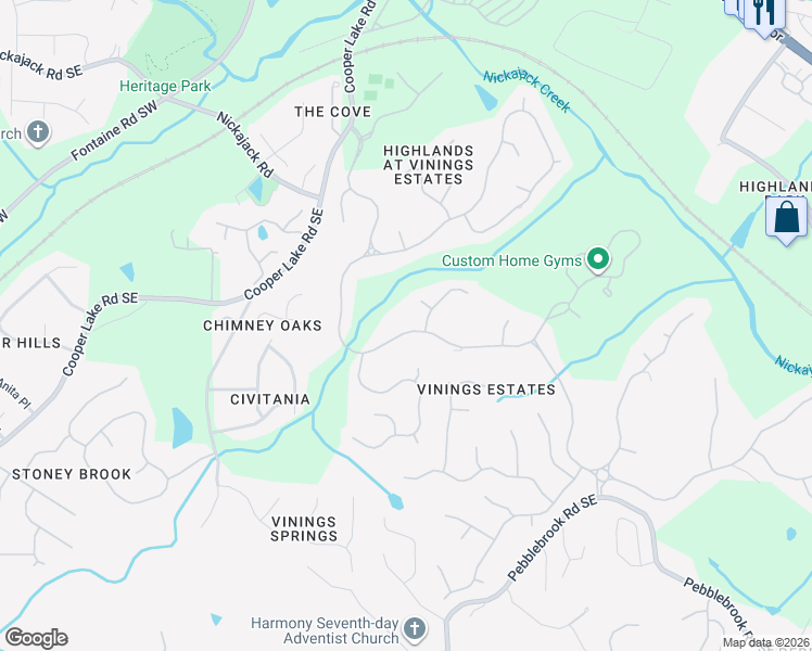 map of restaurants, bars, coffee shops, grocery stores, and more near 5076 Vinings Estates Court Southeast in Mableton