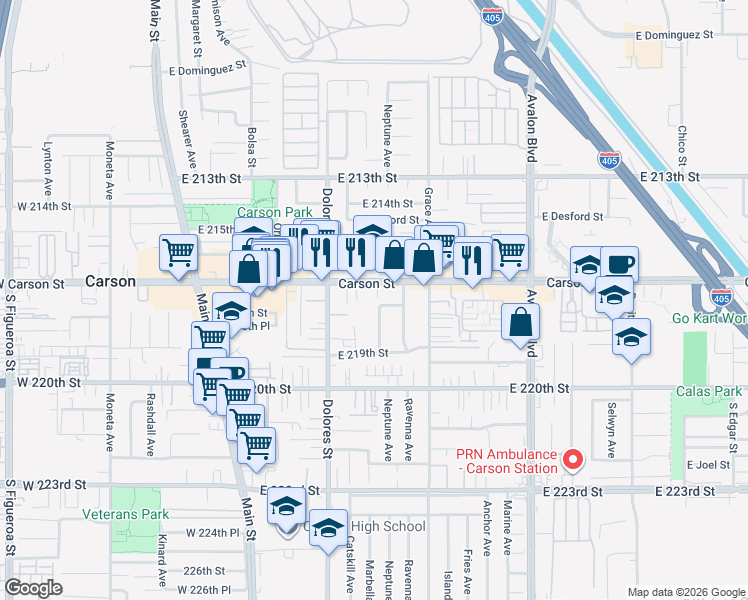 map of restaurants, bars, coffee shops, grocery stores, and more near 21719 Neptune Avenue in Carson