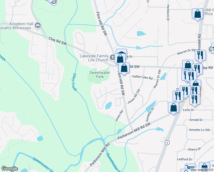 map of restaurants, bars, coffee shops, grocery stores, and more near 5105 Park Circle in Austell
