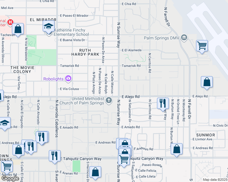 map of restaurants, bars, coffee shops, grocery stores, and more near 530 North Cll Marcus in Palm Springs
