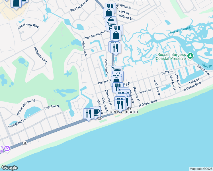 map of restaurants, bars, coffee shops, grocery stores, and more near 404 23rd Avenue North in North Myrtle Beach