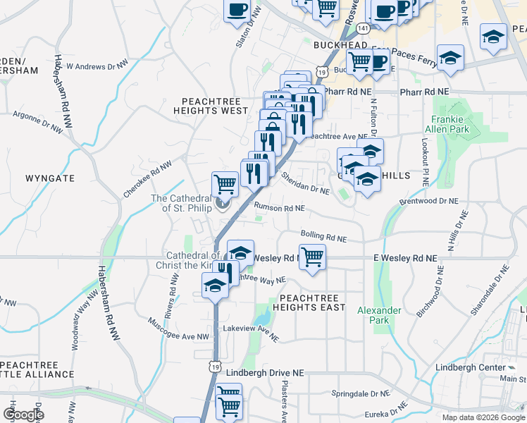 map of restaurants, bars, coffee shops, grocery stores, and more near 105 Rumson Road Northeast in Atlanta