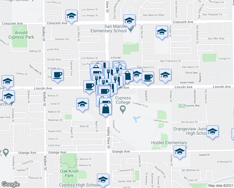 map of restaurants, bars, coffee shops, grocery stores, and more near 6058 Lincoln Avenue in Cypress