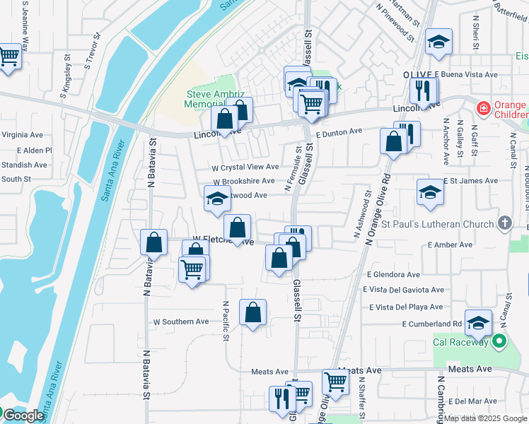 map of restaurants, bars, coffee shops, grocery stores, and more near 2554 North Glenside Circle in Orange