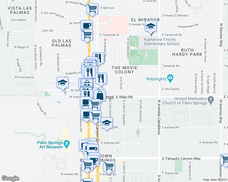 map of restaurants, bars, coffee shops, grocery stores, and more near 418 East Vía Colusa in Palm Springs