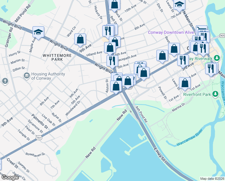 map of restaurants, bars, coffee shops, grocery stores, and more near 403 Church Street in Conway