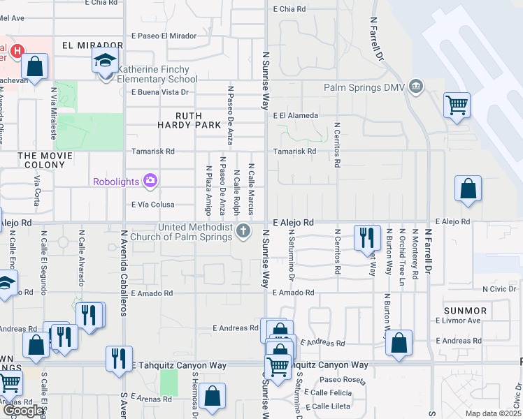map of restaurants, bars, coffee shops, grocery stores, and more near 530 North Cll Marcus in Palm Springs