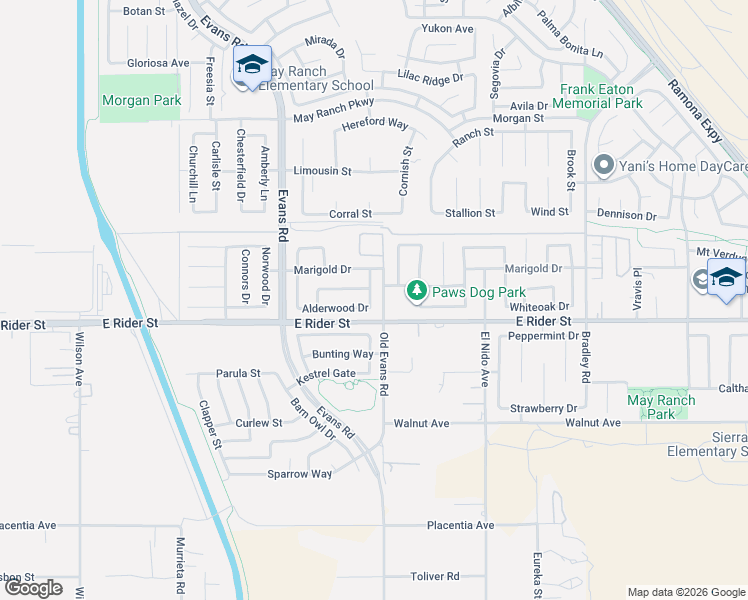 map of restaurants, bars, coffee shops, grocery stores, and more near 3227 Canna Court in Perris