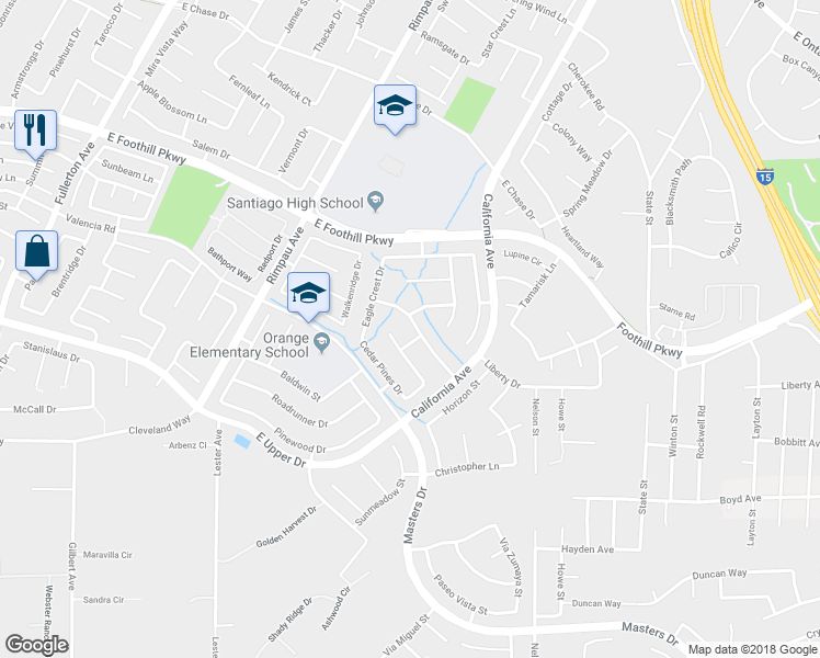map of restaurants, bars, coffee shops, grocery stores, and more near 1482 J T Eisley Drive in Corona