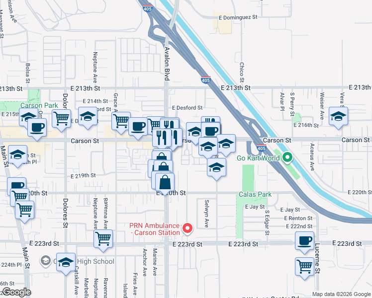 map of restaurants, bars, coffee shops, grocery stores, and more near 810 East Carson Street in Carson