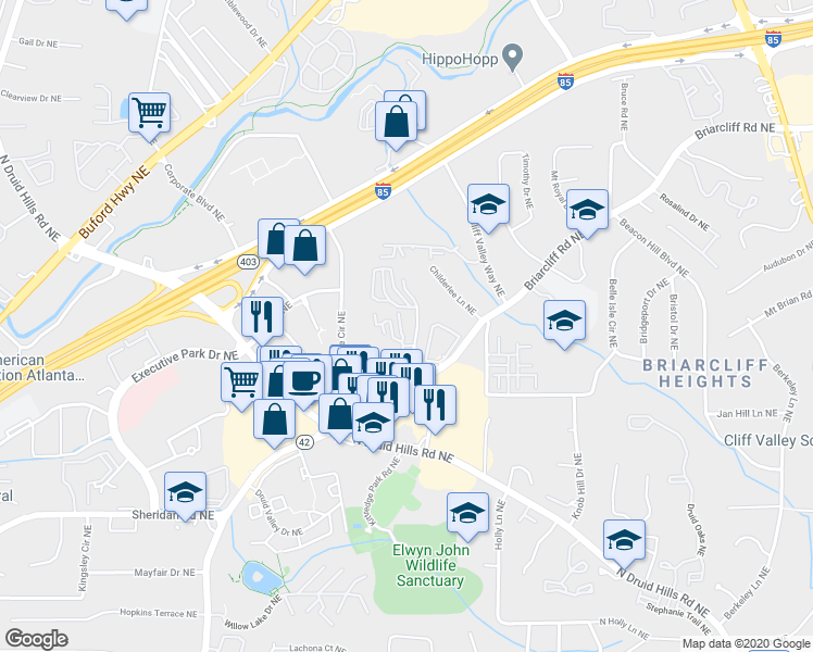 map of restaurants, bars, coffee shops, grocery stores, and more near 1647 Executive Park Lane Northeast in Atlanta