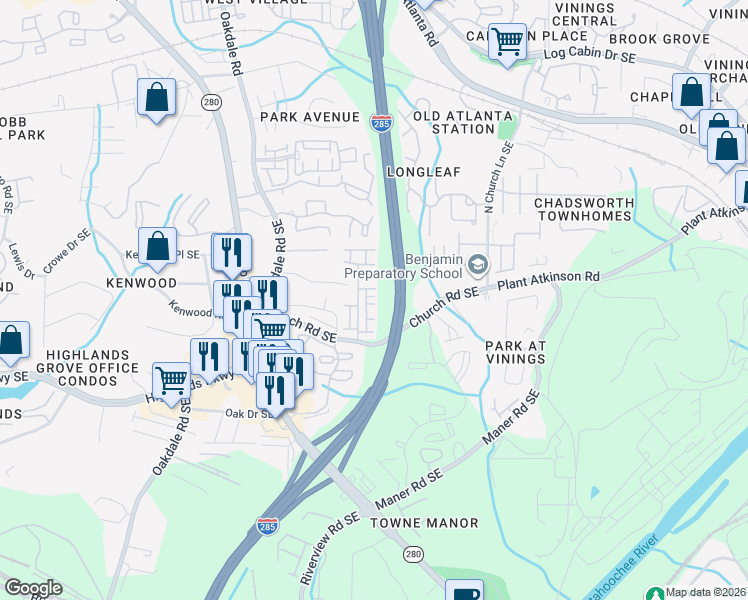 map of restaurants, bars, coffee shops, grocery stores, and more near 2376 Whiteoak Way Southeast in Smyrna