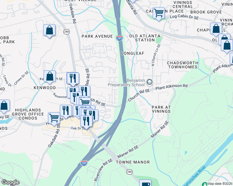 map of restaurants, bars, coffee shops, grocery stores, and more near 2364 Whiteoak Way Southeast in Smyrna
