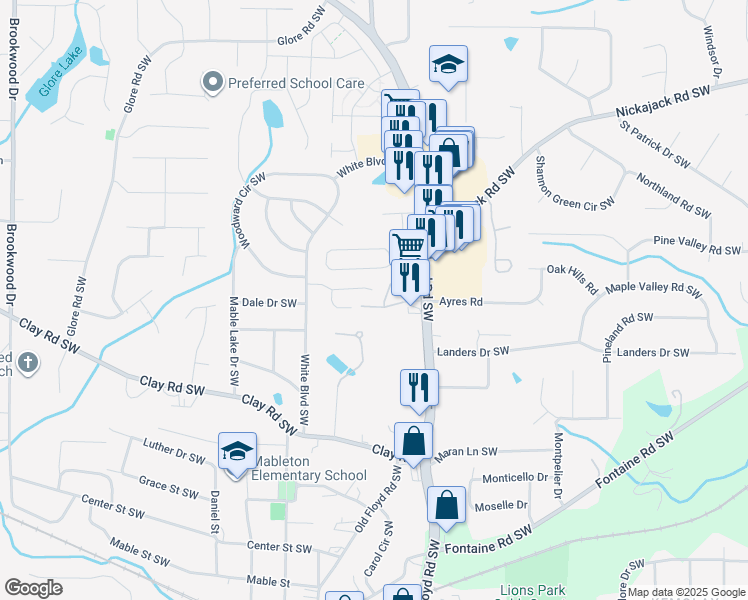 map of restaurants, bars, coffee shops, grocery stores, and more near 766 Patterns Drive in Mableton