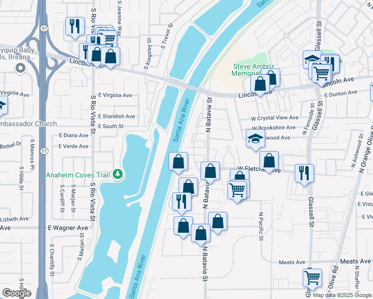 map of restaurants, bars, coffee shops, grocery stores, and more near 1042 West Rainbow Falls Way in Orange