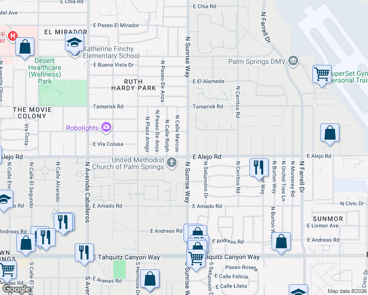 map of restaurants, bars, coffee shops, grocery stores, and more near 530 North Cll Marcus in Palm Springs
