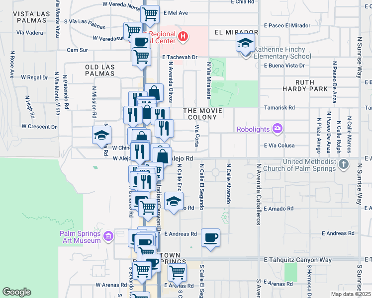 map of restaurants, bars, coffee shops, grocery stores, and more near 418 East Vía Colusa in Palm Springs