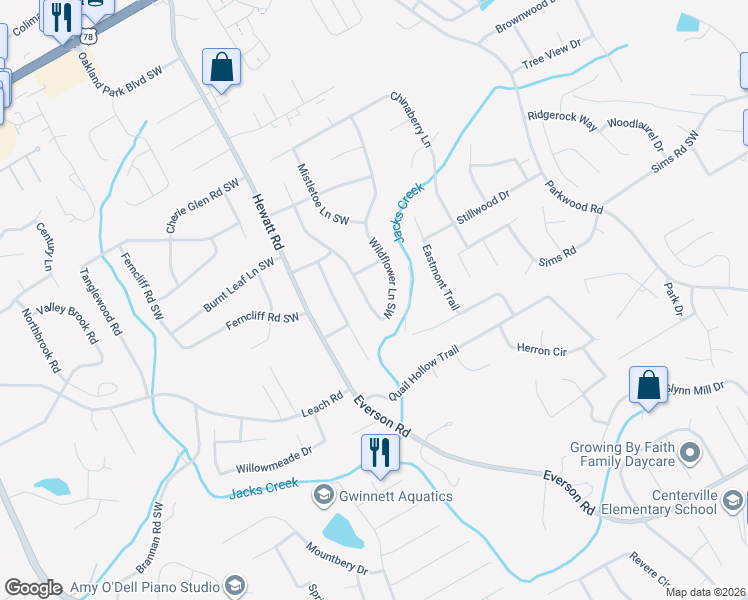 map of restaurants, bars, coffee shops, grocery stores, and more near 2664 Wildflower Lane Southwest in Snellville
