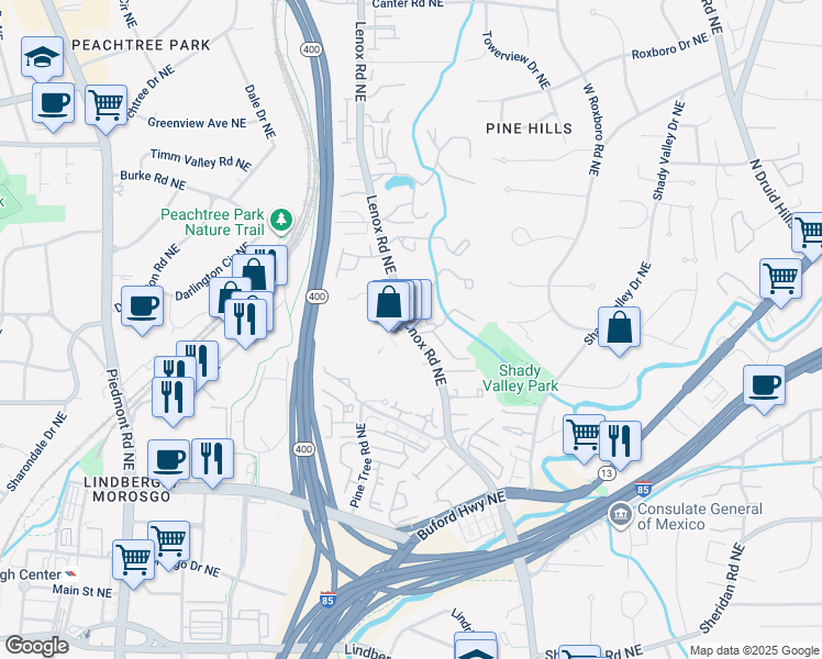 map of restaurants, bars, coffee shops, grocery stores, and more near 2770 Lenox Road Northeast in Atlanta