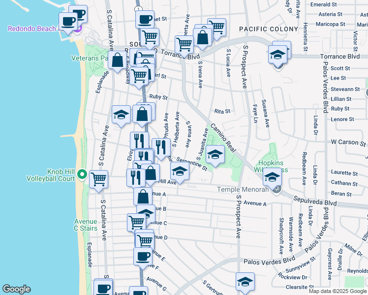map of restaurants, bars, coffee shops, grocery stores, and more near 643 South Irena Avenue in Redondo Beach