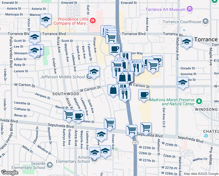 map of restaurants, bars, coffee shops, grocery stores, and more near 3878 West Carson Street in Torrance