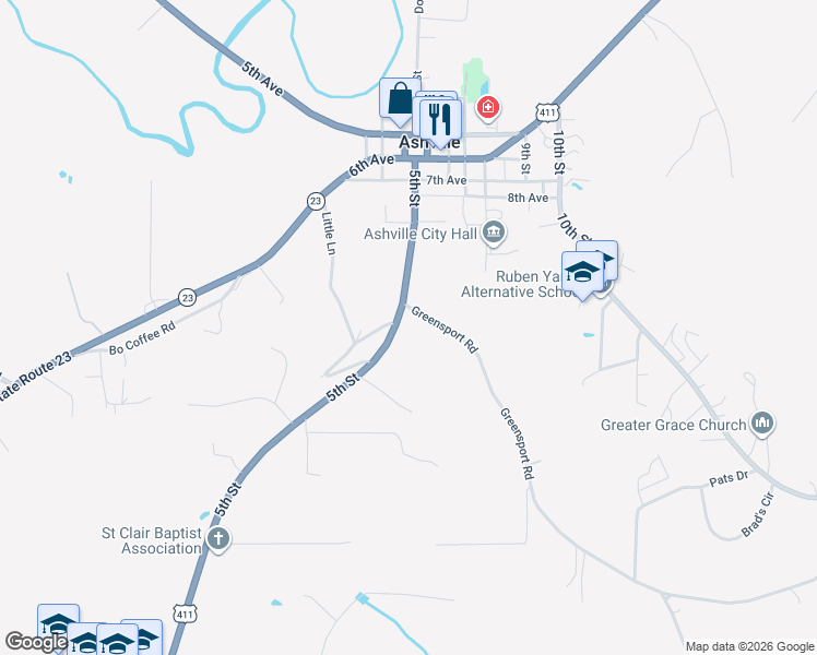 map of restaurants, bars, coffee shops, grocery stores, and more near 34251 U.S. 231 in Ashville