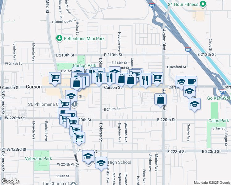 map of restaurants, bars, coffee shops, grocery stores, and more near 21719 Neptune Avenue in Carson