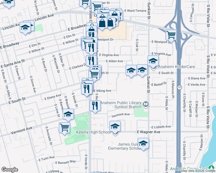 map of restaurants, bars, coffee shops, grocery stores, and more near 819 South Priscilla Street in Anaheim