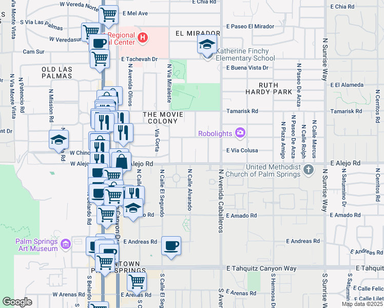 map of restaurants, bars, coffee shops, grocery stores, and more near 547 North Phillips Road in Palm Springs