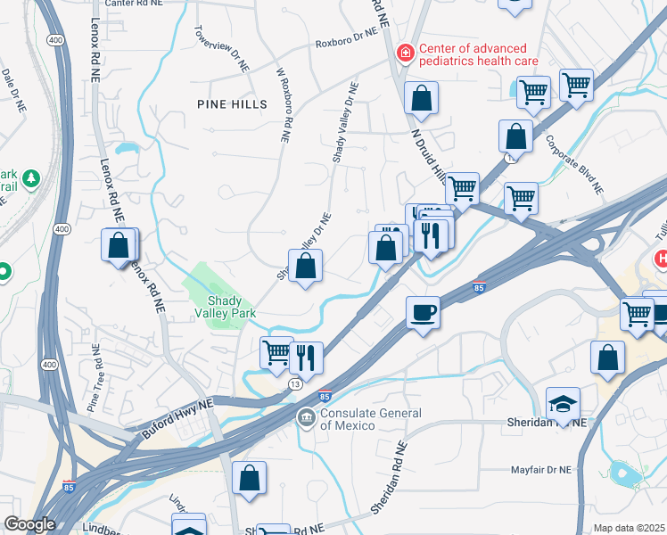 map of restaurants, bars, coffee shops, grocery stores, and more near 1316 Victor Road Northeast in Atlanta